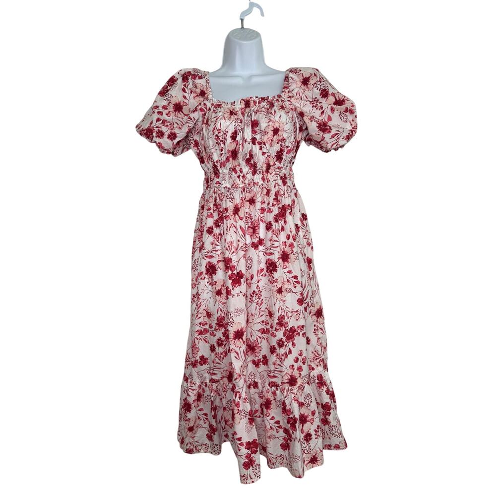 Dizzy Lizzy Floral Dress Red White Puff Sleeve Midi Tiered SMALL Cotton